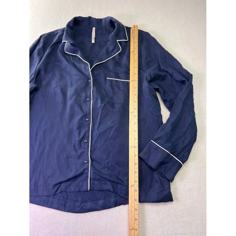 Soma Pajama Set Womens Medium Navy Blue Button Down Long Sleeve Piping‎